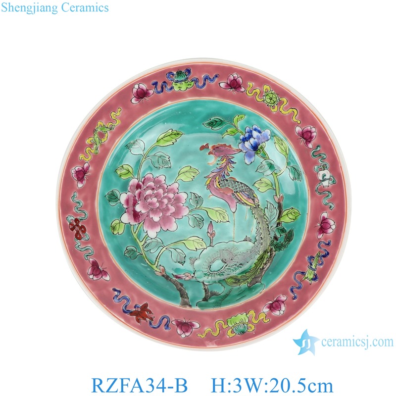 RZFA34-B 8 inch Ceramic Round Savor plate Flate plate Pastel color pink and green Phoenix Flower and Bird Pattern 
