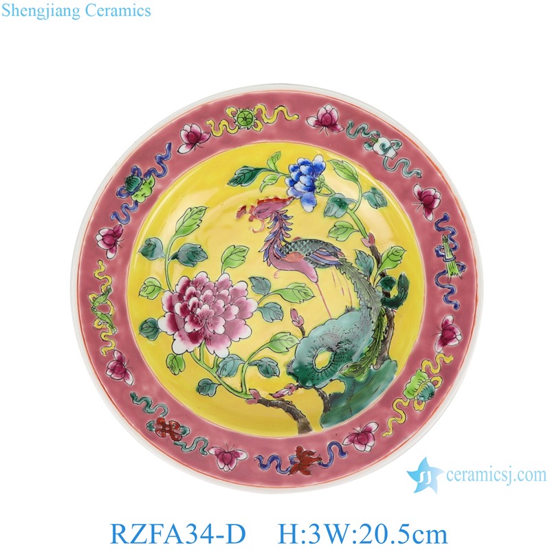 RZFA34-D 8 inch Ceramic Round Savor plate Flate plate Pastel color pink and yellow Phoenix Flower and Bird Pattern 