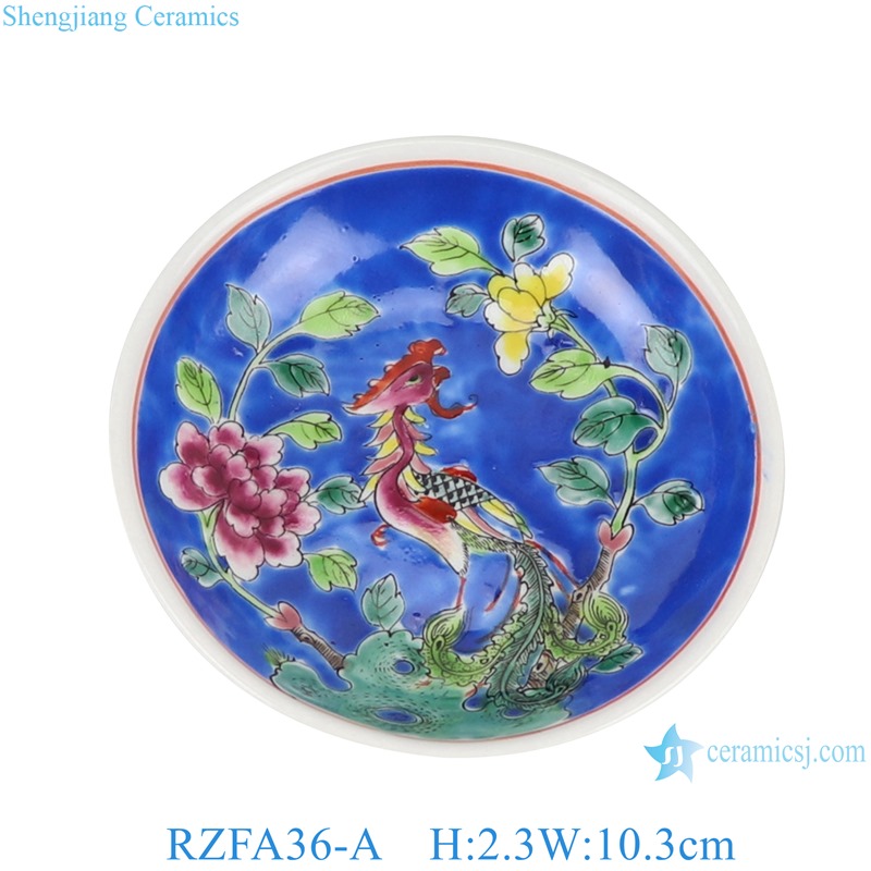 RZFA36-a 4 inch Ceramic Round Savor plate Flate plate Pastel color Blue Phoenix Flower and Bird Pattern 