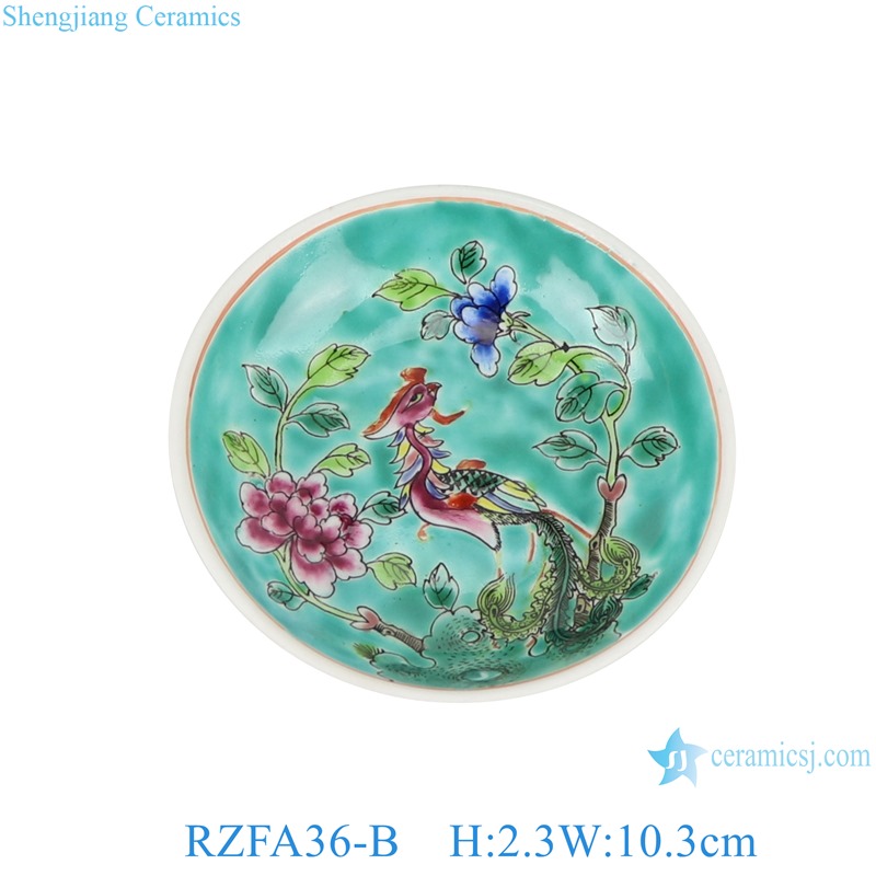 RZFA36-b 4 inch Ceramic Round Savor plate Flate plate Pastel color green Phoenix Flower and Bird Pattern 