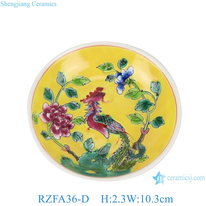 RZFA36-d 4 inch Ceramic Round Savor plate Flate plate Pastel color yellow Phoenix Flower and Bird Pattern 