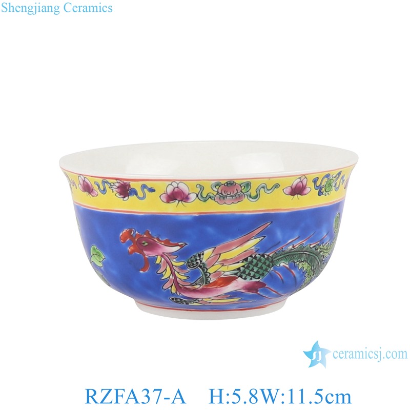 RZFA37-A Blue and Yellow Background 4.5-inch Ceramic Bowl Phoenix Flower and Bird Pattern Tablewares
