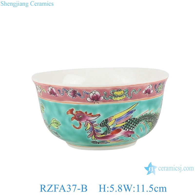 RZFA37-B Green and Pink color glazed 4.5-inch Ceramic Bowl Phoenix Flower and Bird Pattern Tablewares