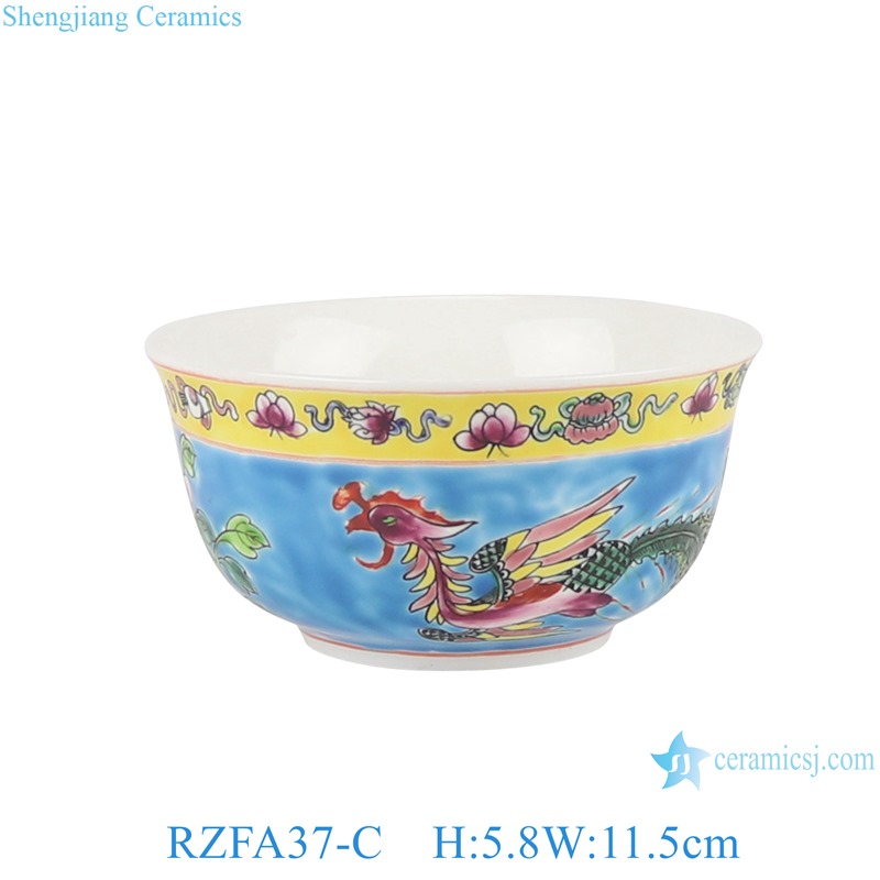 RZFA37-C blue and yellow color glazed 4.5-inch Ceramic Bowl Phoenix Flower and Bird Pattern Tablewares