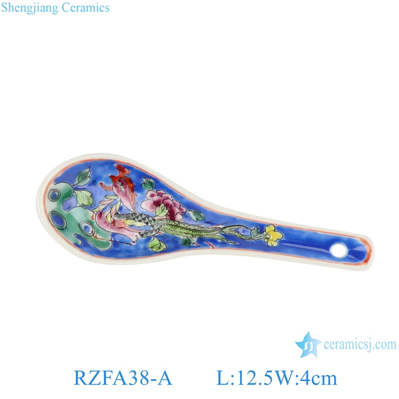 RZFA38-A Blue Bottom Phoenix Flower and Bird Pattern Ceramic Soup Dessert Spoon