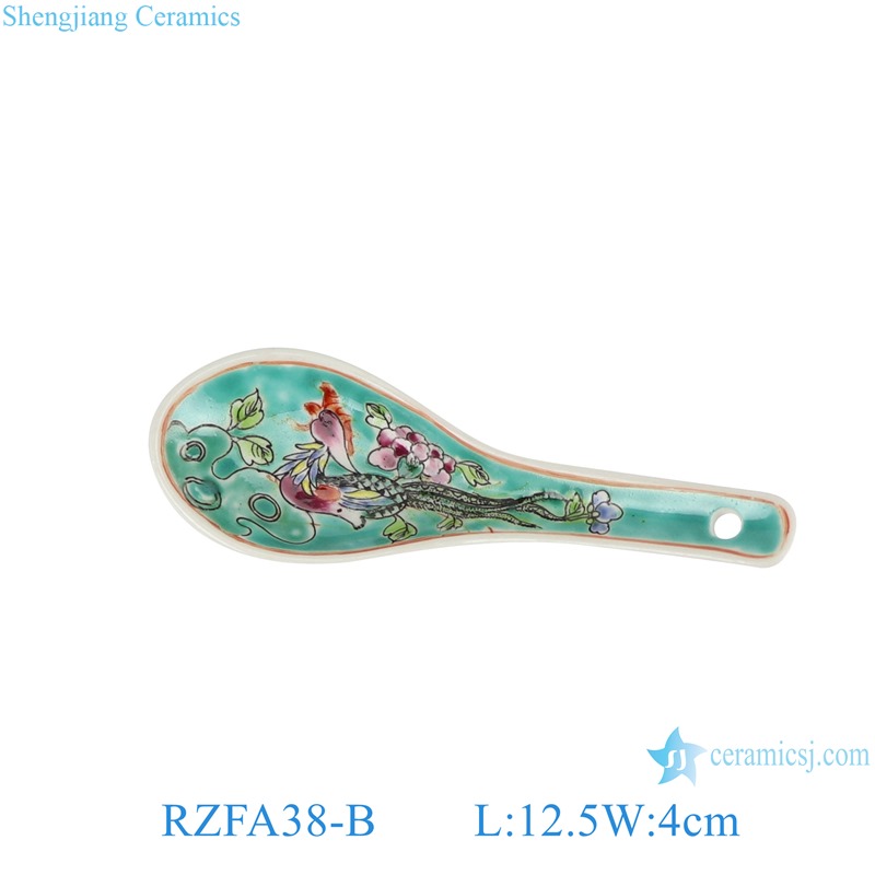 RZFA38-B Green color Phoenix Flower and Bird Pattern Ceramic Soup Dessert Spoon