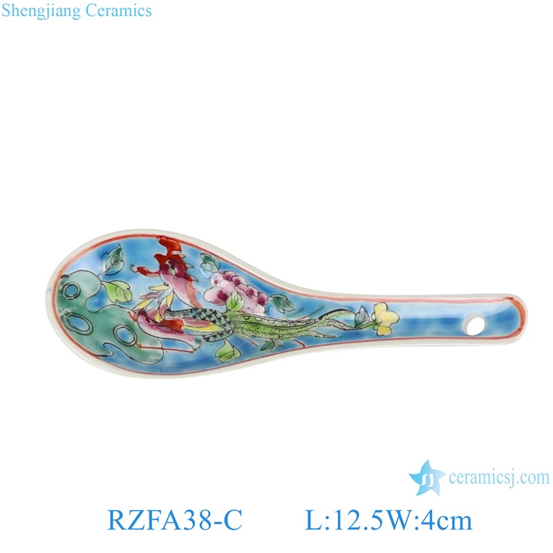 RZFA38-B Light Blue color Phoenix Flower and Bird Pattern Ceramic Soup Dessert Spoon