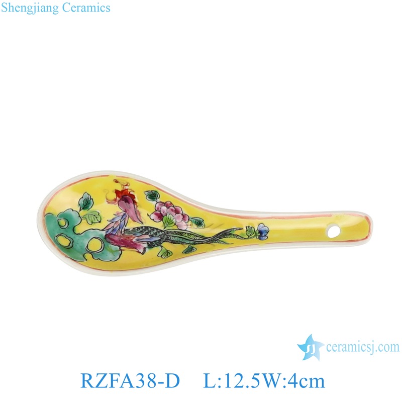 RZFA38-B Yellow color Phoenix Flower and Bird Pattern Ceramic Soup Dessert Spoon