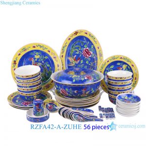 RZFA42-A-ZUHE Nianga Pastel Porcelain Pink Deep Blue Phoenix Flower and Bird Pattern Ceramic Tableware Plate Spoon bowl