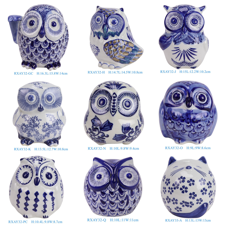 RXAY32-33 series blue and white ceramic owl statue table deco for home decoration