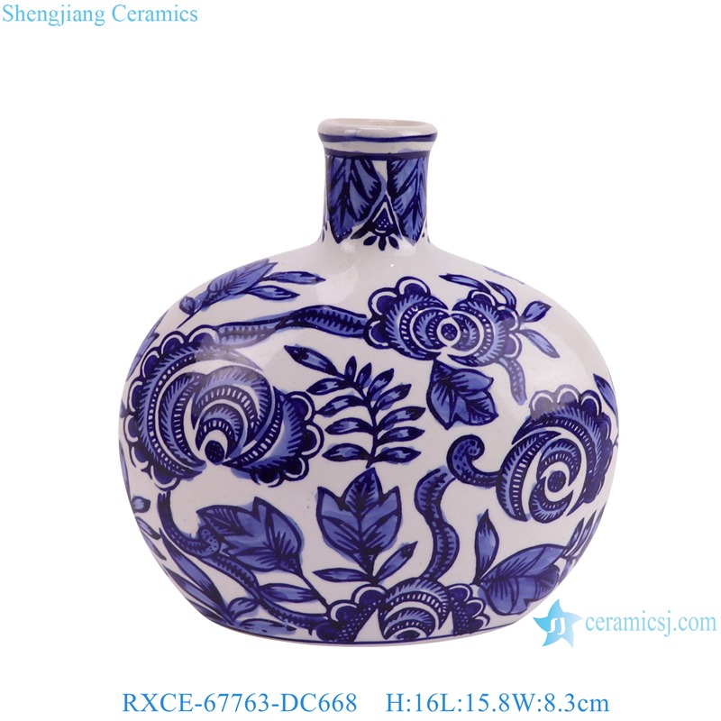RXCE-67763-DC668 cheap price blue and white flower pattern ceramic moon flask for home decoration