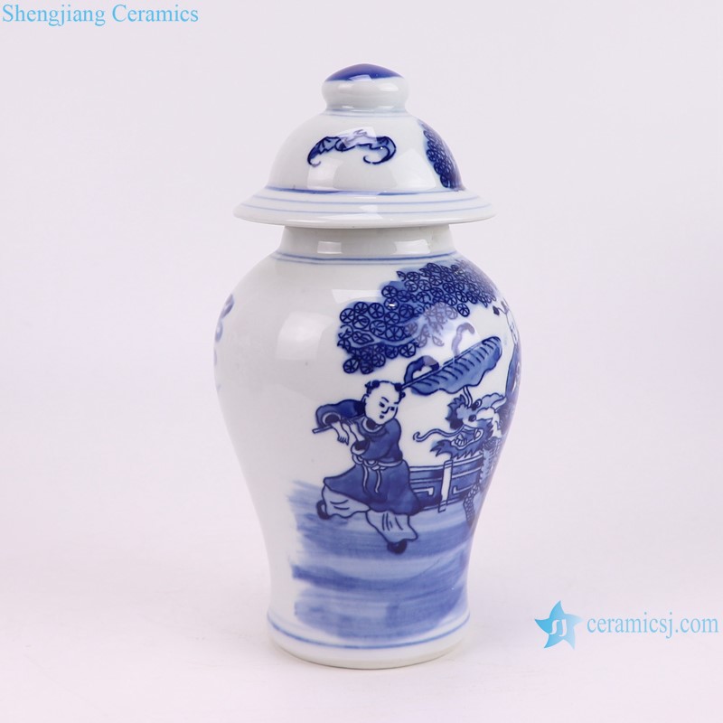 RXCJ02-A Blue and white Kylin Songzi Pattern Small size Ceramic lidded Jar --side view