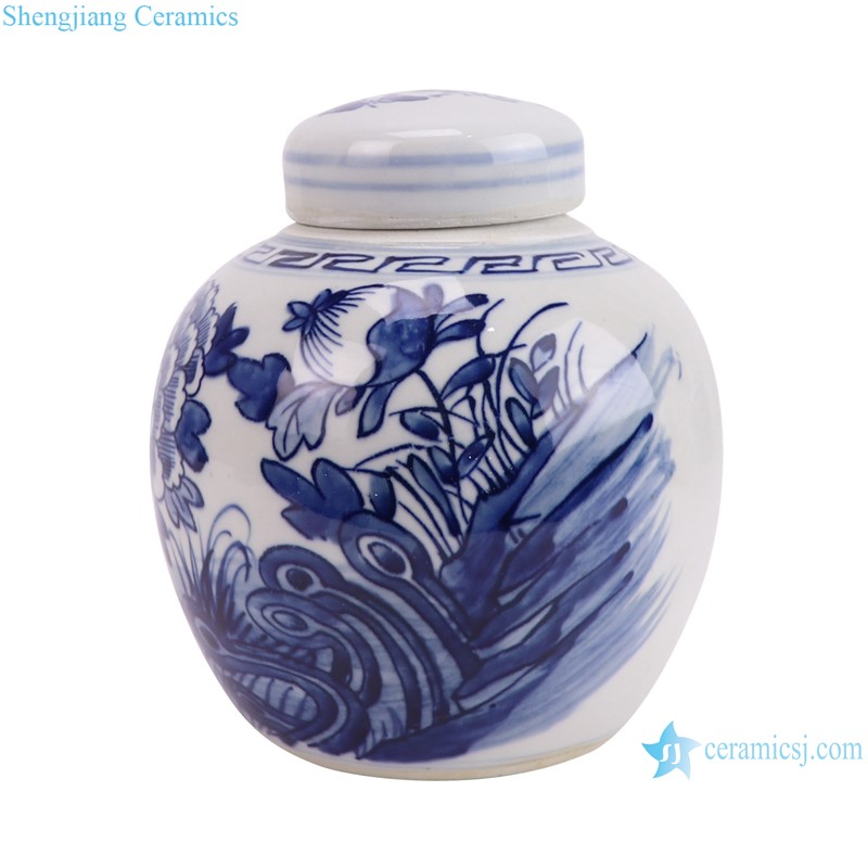 RXCJ04-B Blue and white  Peony flower pattern small size Ceramic Lidded Jars Tea Pot Canister--side view