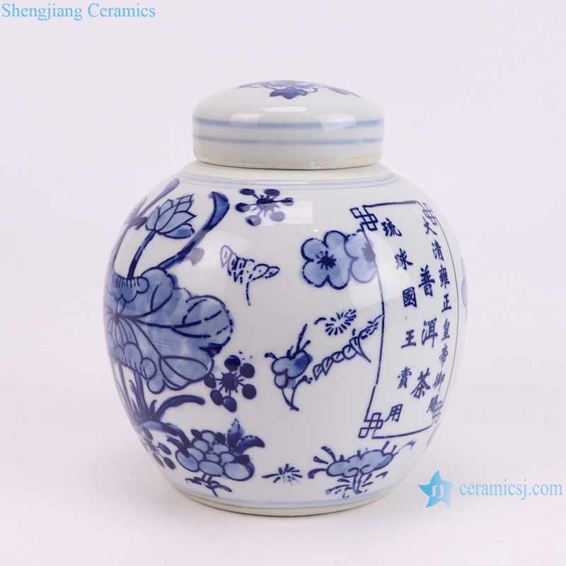 RXCJ04-D Blue and white Lotus flower pattern small size Ceramic Lidded Jars Tea Pot Canister--side view