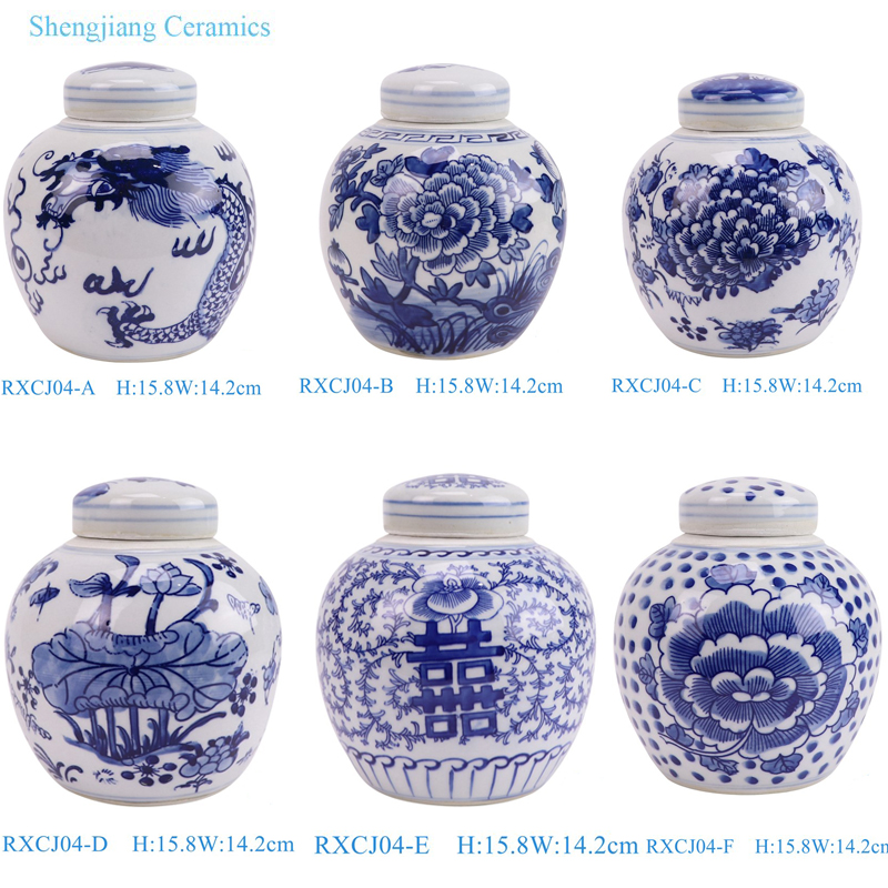 RXCJ04-A-B-C-D-E-F Blue and white Dragon Peony happiness Letter small size Ceramic Lidded Jars Tea Pot Canister