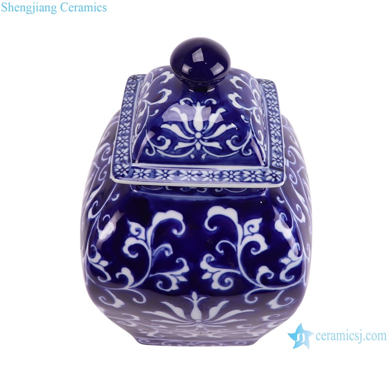 RXCM01-A Dark Blue and White flower Pattern Square shape ceramic flower vase Lidded Jar--vertical view