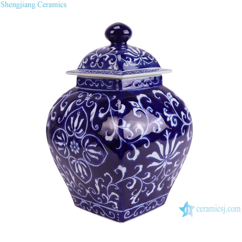 RXCM01-A Dark Blue and White flower Pattern Square shape ceramic flower vase Lidded Jar--side view