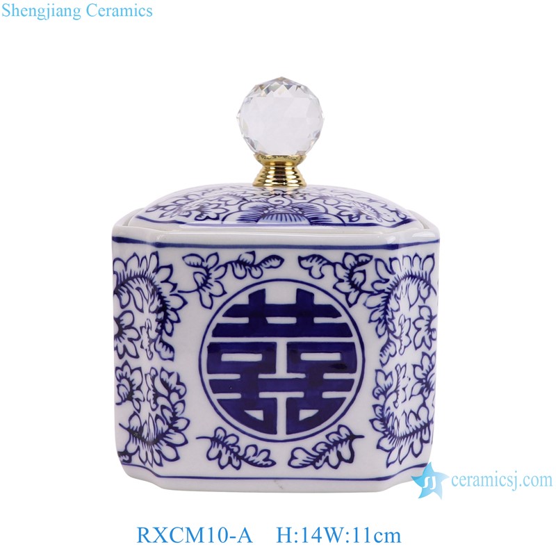 RXCM10-A  Blue and white happiness letter pattern Clear round bead square shape lidded jar candy box