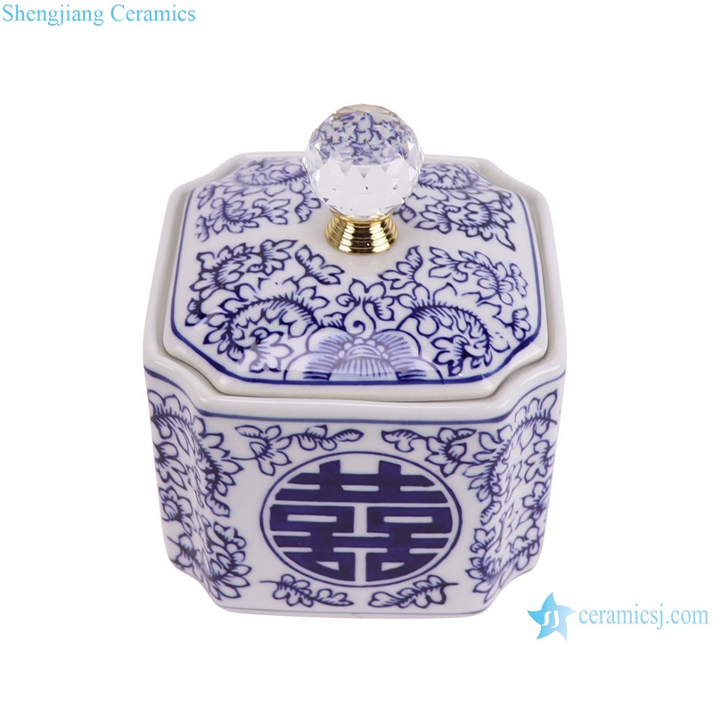 RXCM10-A  Blue and white happiness letter pattern Clear round bead square shape lidded jar candy box--vertical view