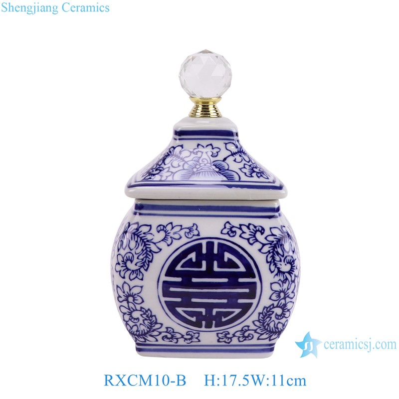 RXCM10-B  Blue and white happiness letter pattern Clear round bead square shape lidded jar candy box