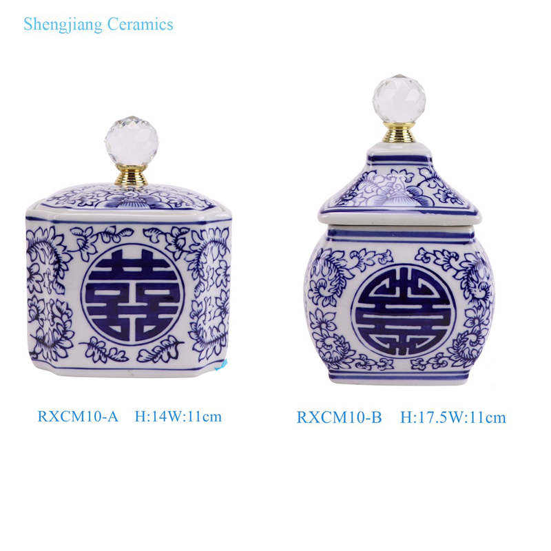 RXCM10-A-B  Blue and white happiness letter pattern Clear round bead square shape lidded jar candy box