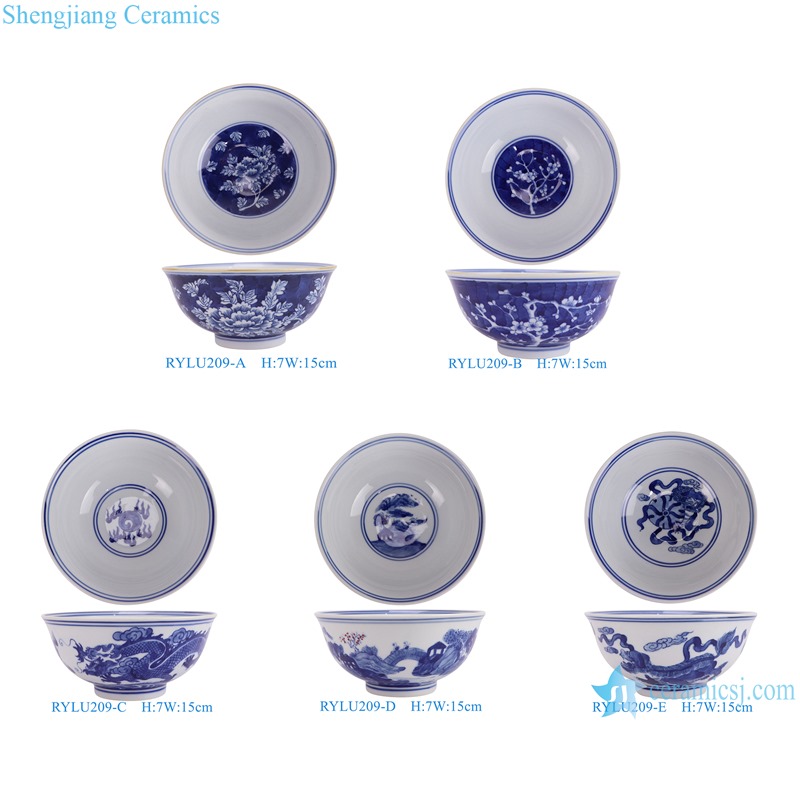 RYLU209-A-B-C-D-E 6 inch Ceramic Bowl  Blue and white Handpainted Peony flower Ice Plum Dragon Lion Pattern Soup Bowl Tableware