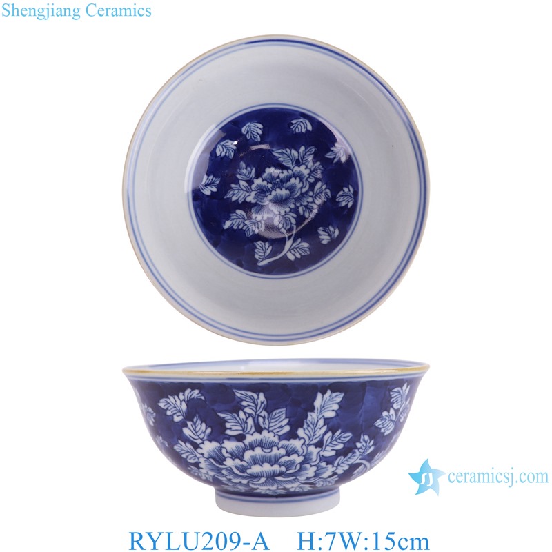 RYLU209-A 6 inch Ceramic Bowl  Blue and white Handpainted Peony flower  Pattern Soup Bowl Tableware