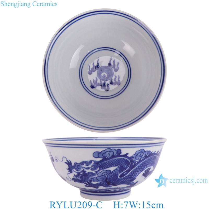 RYLU209-C 6 inch Ceramic Bowl  Blue and white Handpainted Dragon Pattern Soup Bowl Tableware