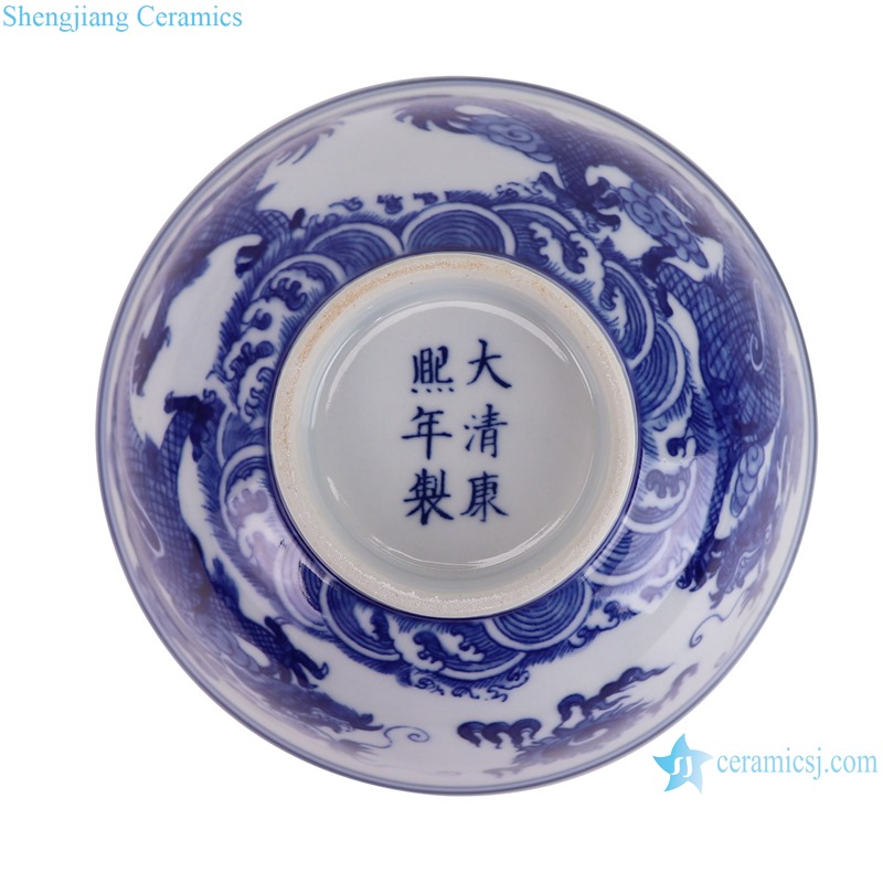 RYLU209-C 6 inch Ceramic Bowl  Blue and white Handpainted Dragon Pattern Soup Bowl Tableware-- bottom view