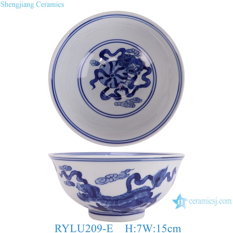 RYLU209-E 6 inch Ceramic Bowl  Blue and white Handpainted lion Pattern Soup Bowl Tableware