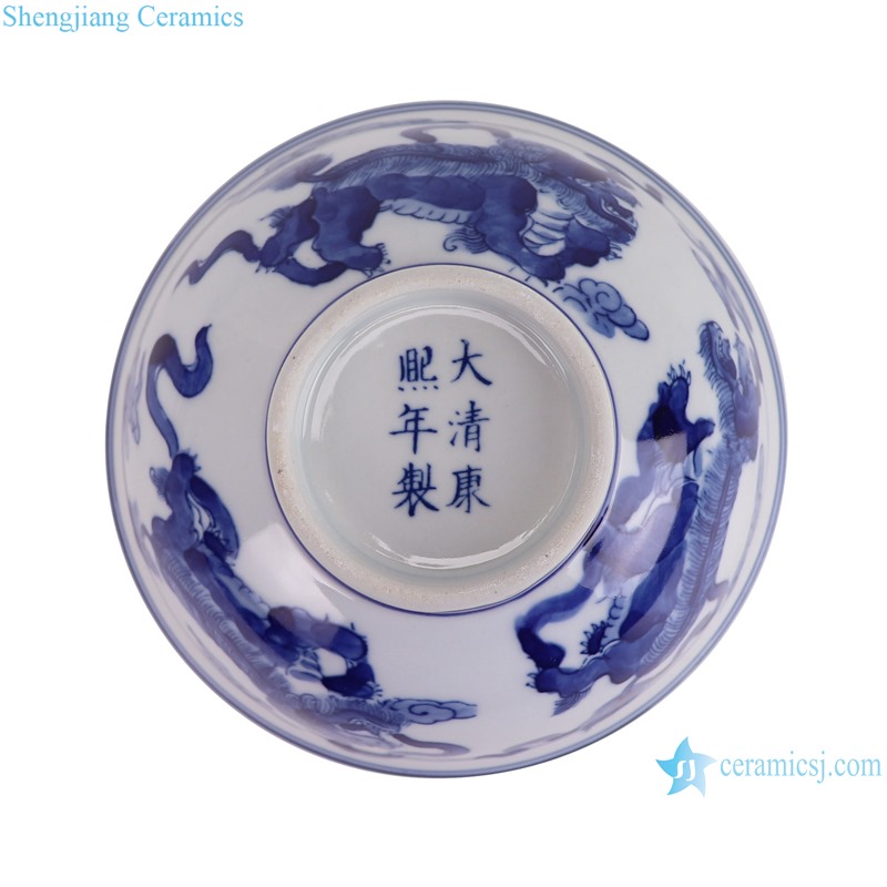 RYLU209-E 6 inch Ceramic Bowl  Blue and white Handpainted lion Pattern Soup Bowl Tableware--bottom view