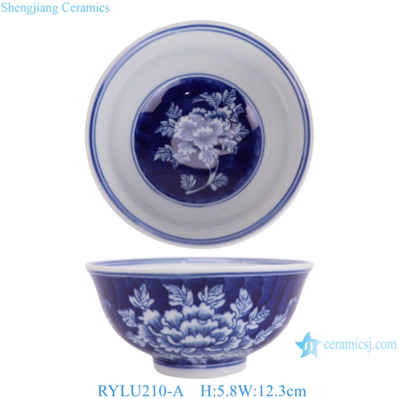 RYLU210-A 5 inch Blue and white Ceramic Rice Bowl Peony flower Pattern Dinnerware 