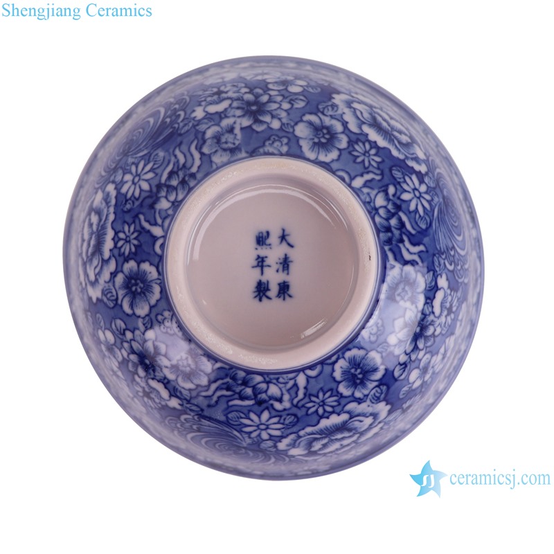 RYLU210-D 5 inch Blue and white Ceramic Rice Bowl  Flower  Pattern Dinnerware -- bottom view