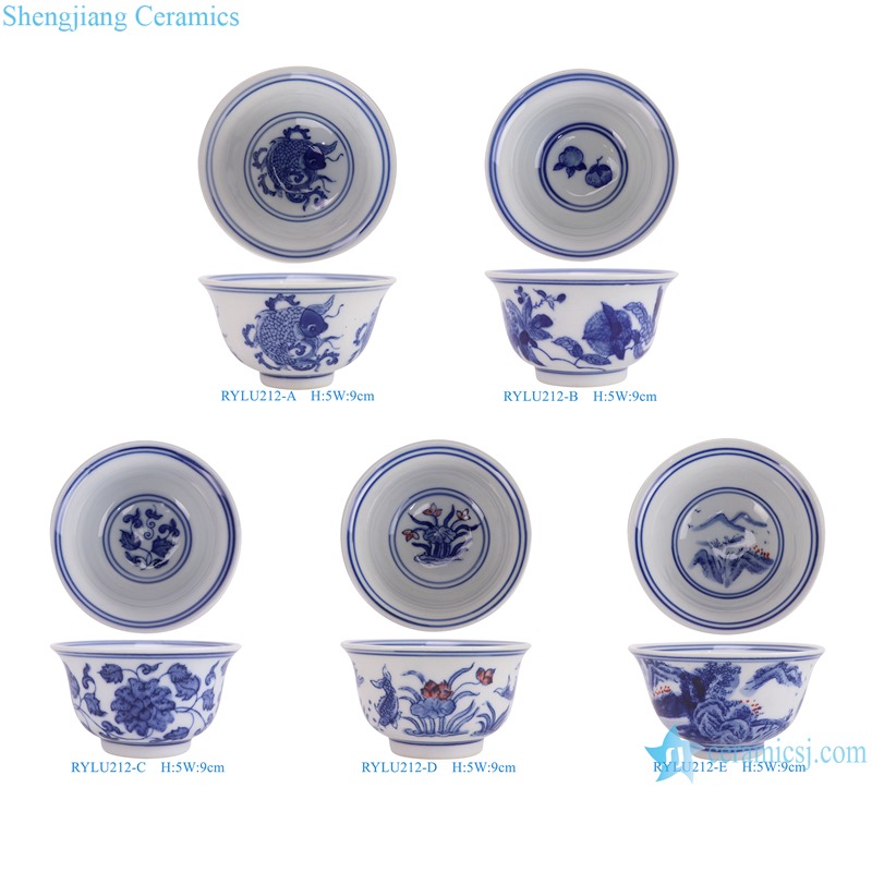 RYLU212-A-B-C-D-E 3.5 inch Blue and white Fish flower landscape pattern Ceramic Cup water cup