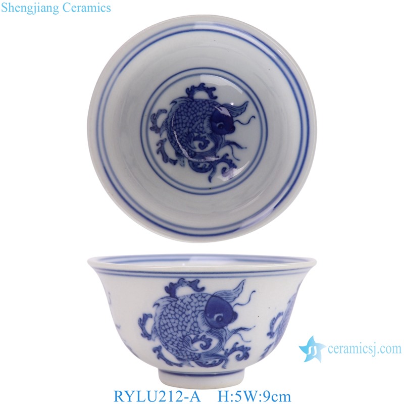 RYLU212-A  3.5 inch Blue and white Fish pattern Ceramic Cup water cup