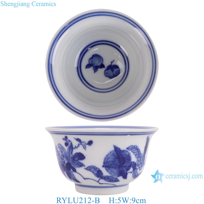 RYLU212-A  3.5 inch Blue and white Peach pattern Ceramic Cup water cup