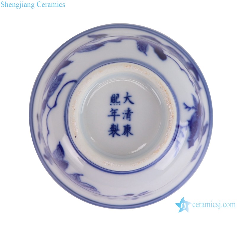 RYLU212-A  3.5 inch Blue and white Peach pattern Ceramic Cup water cup -- bottom view