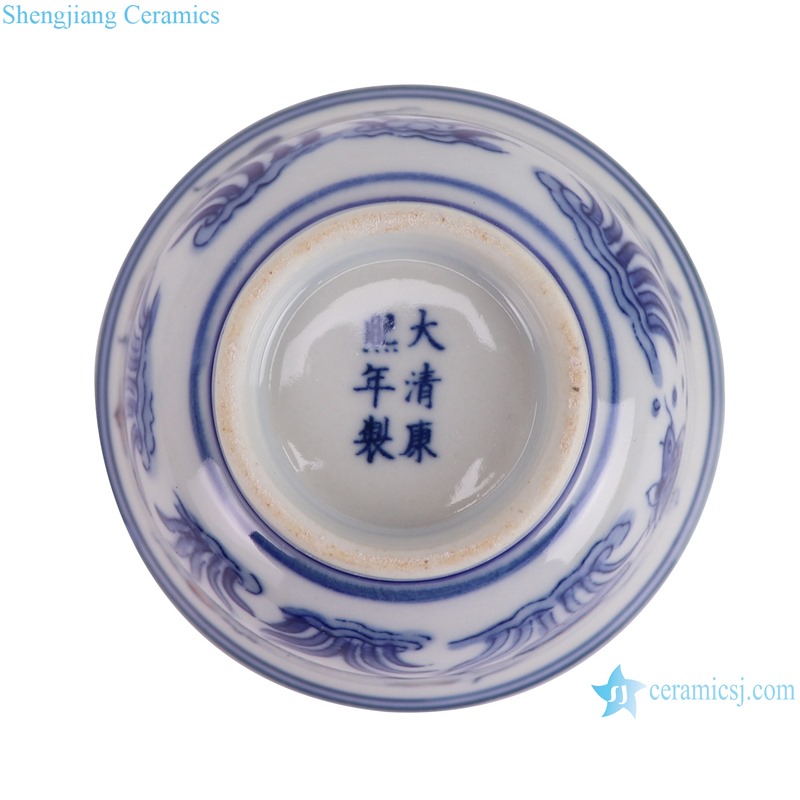 RYLU212-D  3.5 inch Blue and white Lotus Flower pattern Ceramic Cup water cup  -- bottom view