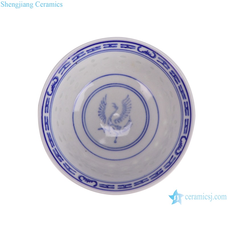 RZPU010-C blue and white rice pattern crane bowl--BOTTOM VIEW