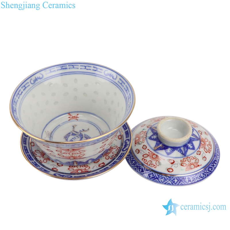 RZPU06-B Blue and white Red Glazed with God rice pattern crane gaiwan tea cup--details
