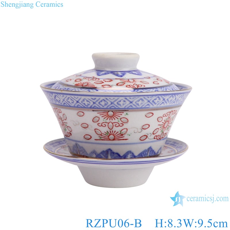 RZPU06-B Blue and white Red Glazed with God rice pattern crane gaiwan tea cup