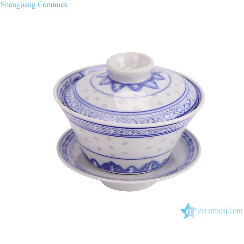 RZPU06-C Blue and white rice pattern crane gaiwan tea cup--vertical view