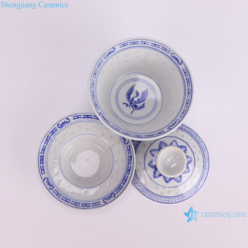 RZPU06-C Blue and white rice pattern crane gaiwan tea cup--Details