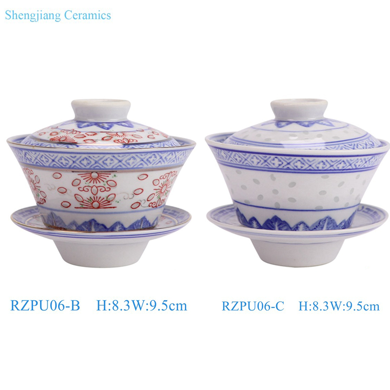RZPU06-B-C Blue and white Red Glazed with God rice pattern crane gaiwan tea cup