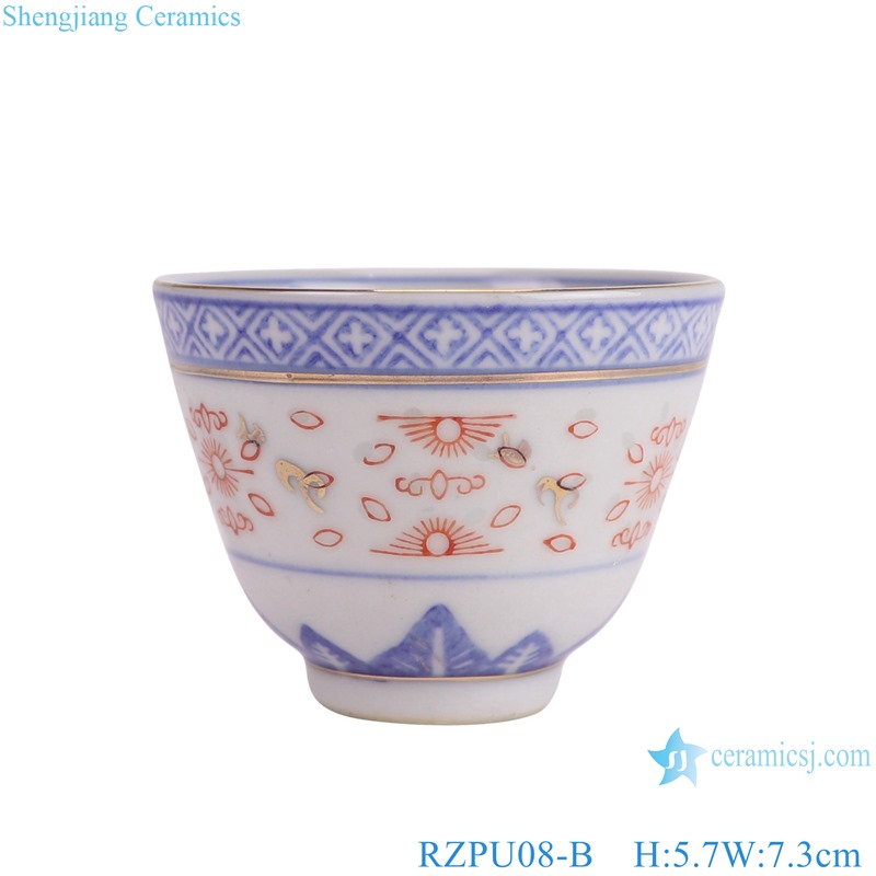 RZPU08-B blue and white rice pattern with gold orchid cup