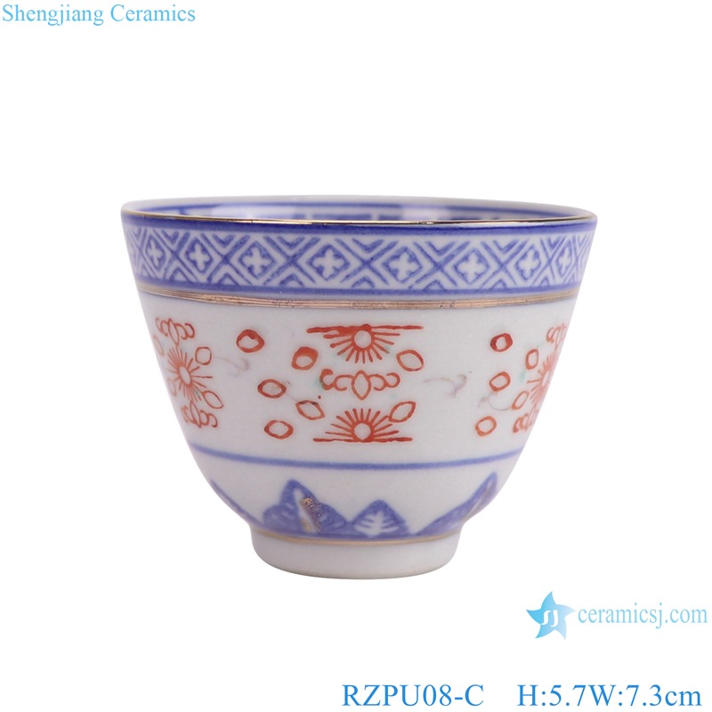 RZPU08-C  blue and white rice pattern with gold dragon cup