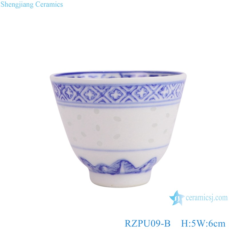 RZPU09-B blue and white rice pattern crane cup