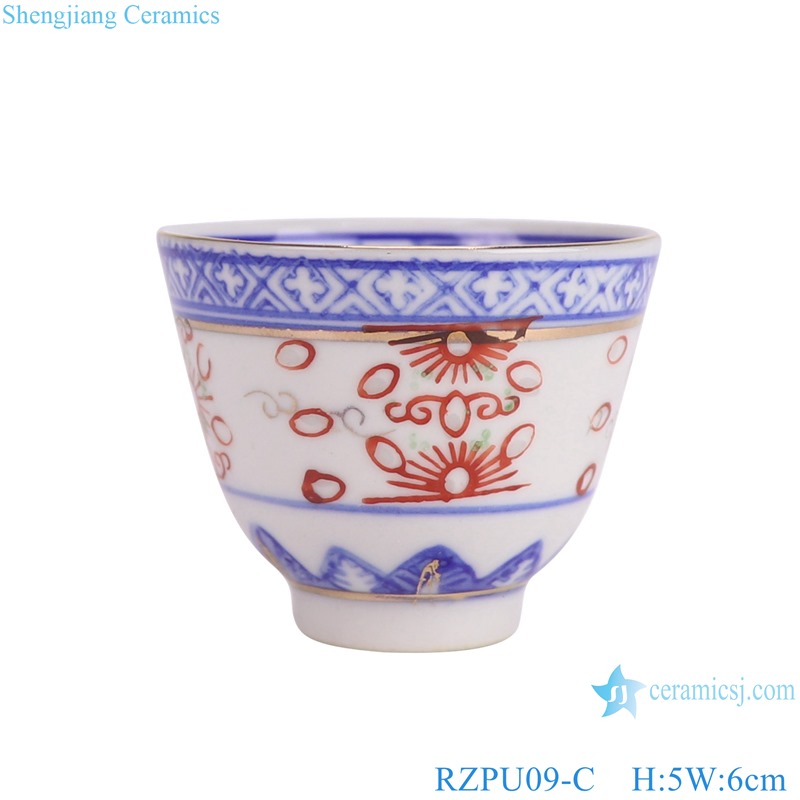 RZPU09-C rice pattern blue and white with gold crane cup