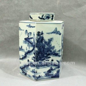 RYUK10 Blue and white hexagon porcelain jar 