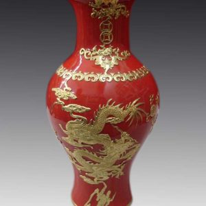China Red Golden Inlay Ceramic Vase 